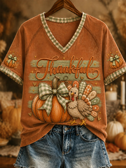Women's Vintage Thanksgiving Pumpkin Turkey  Maple Leaf V-neck Short Sleeve T-shirt