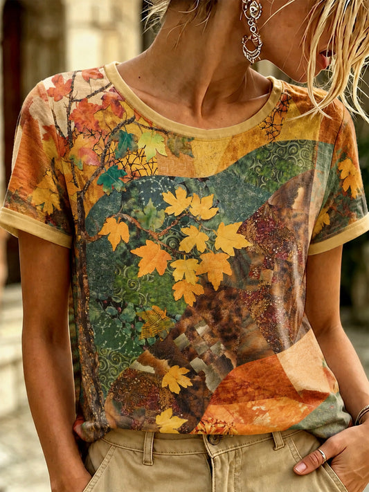 Women's Autumn Fallen Leaves Printed T-shirt