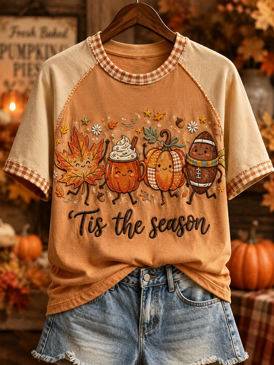 Women's Thanksgiving Pumpkin Maple Leaf TIS THE SEASON  Short Sleeve T-shirt