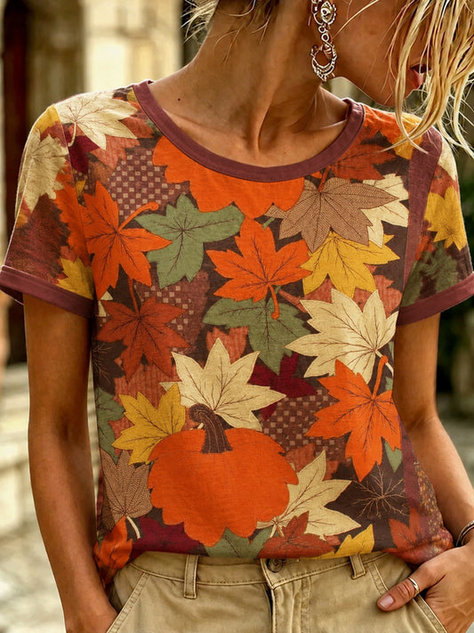 Women's Autumn Fallen Leaves Printed T-shirt