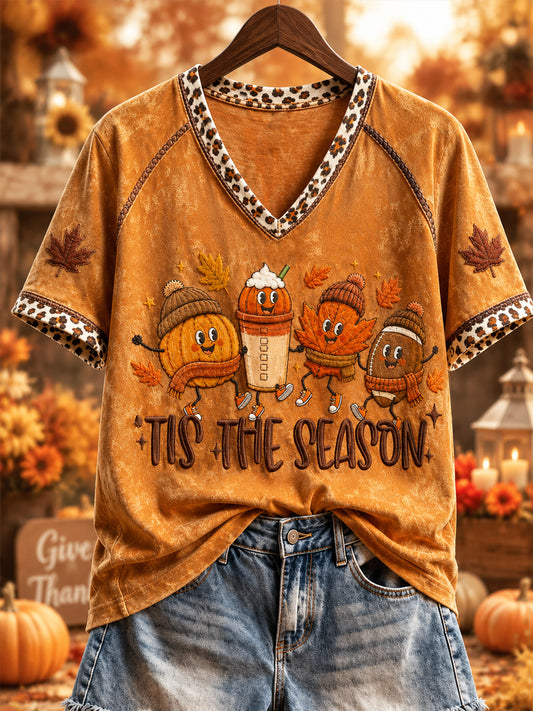 Women's Thanksgiving Pumpkin  Maple Leaf TIS THE SEASON V-neck Short Sleeve T-shirt