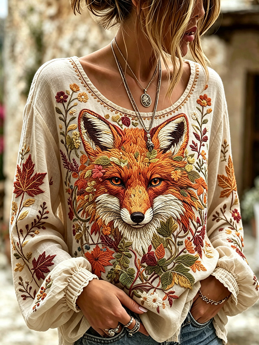 Women's autumn theme animal pattern printed casual cotton and linen short-sleeve shirt