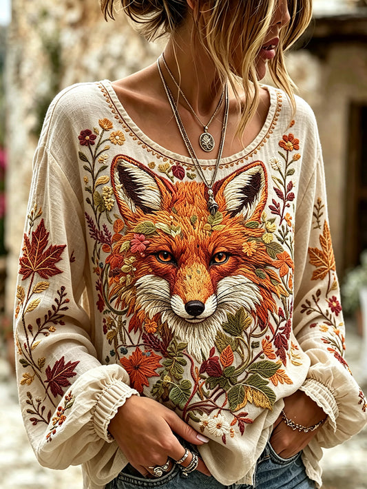 Women's autumn theme animal pattern printed casual cotton and linen short-sleeve shirt