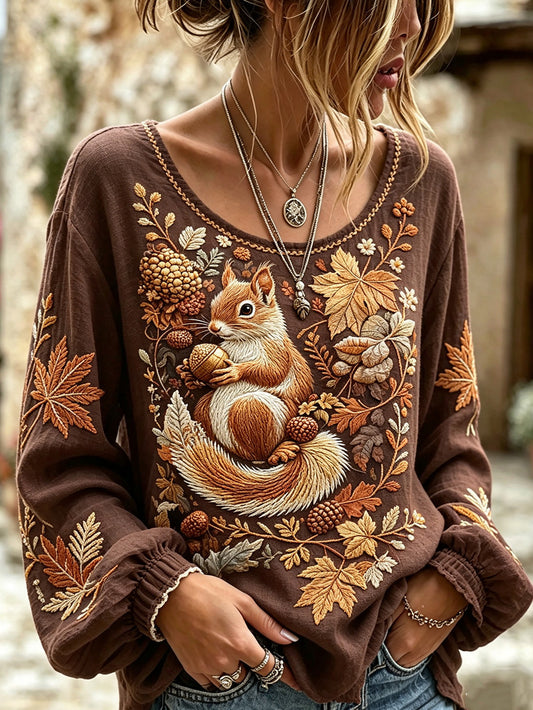 Women's autumn theme animal pattern printed casual cotton and linen short-sleeve shirt