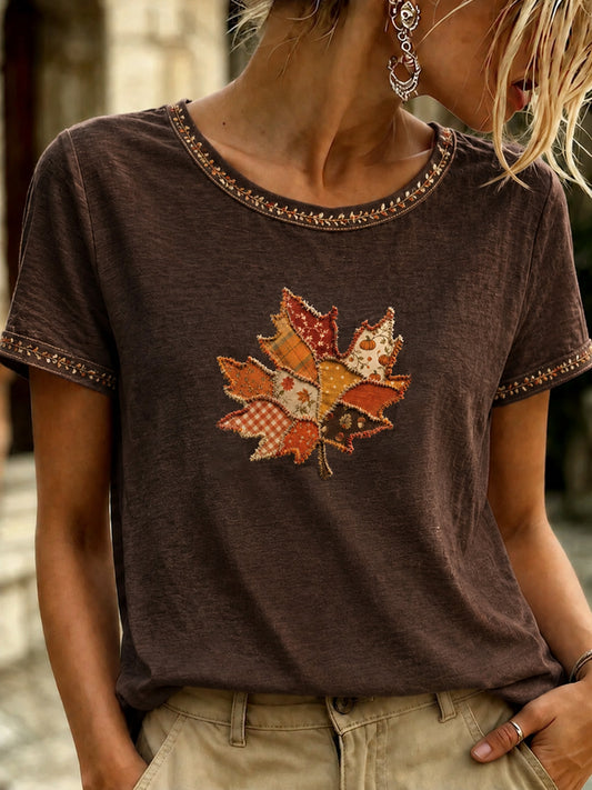 Women's Autumn Fallen Leaves Printed T-shirt