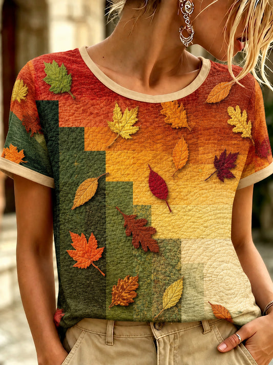 Women's Autumn Fallen Leaves Printed T-shirt