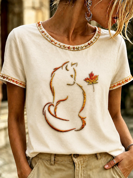 Women's Autumn Fallen Leaves Printed T-shirt