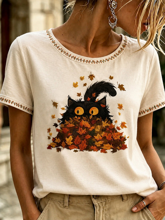 Women's Autumn Fallen Leaves Printed T-shirt
