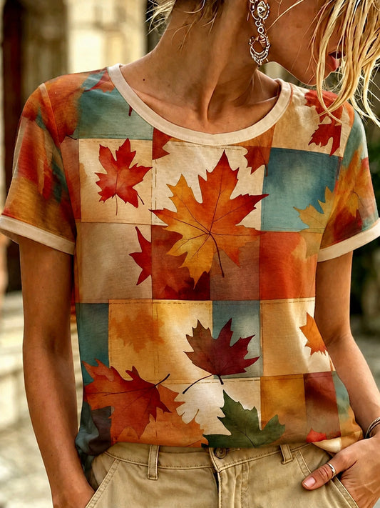Women's Autumn Fallen Leaves Printed T-shirt