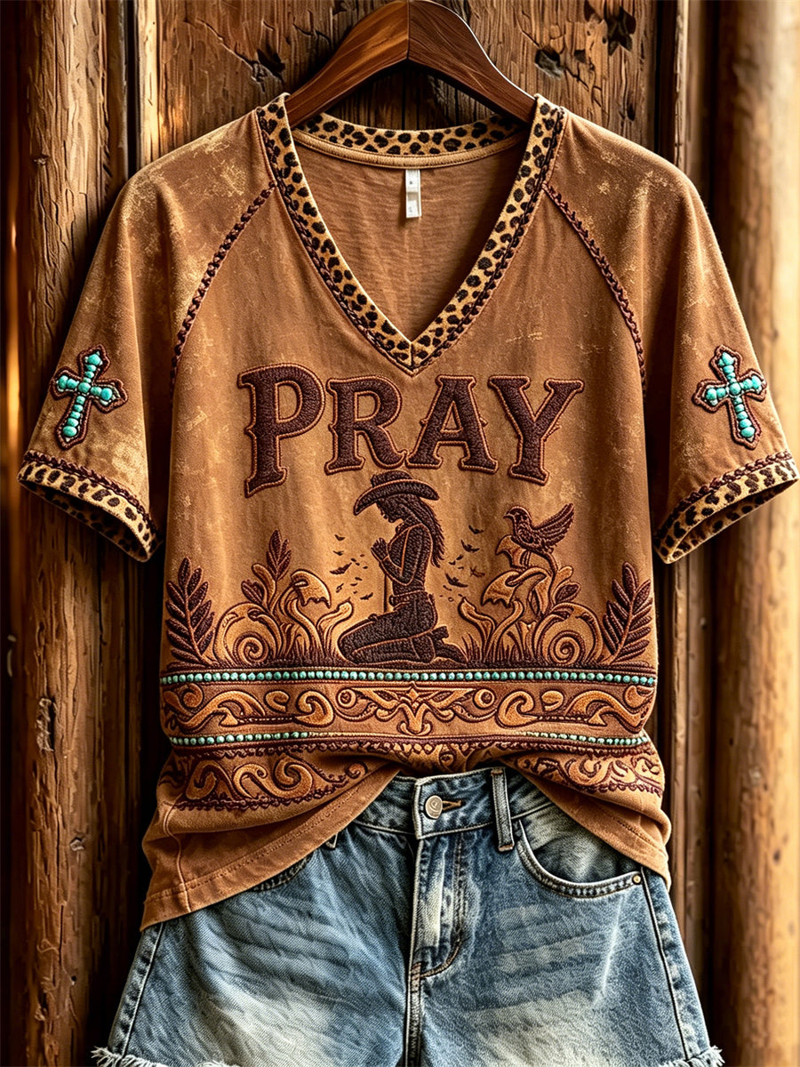 Women's Pray Praying Cowgirl Turquoise Cross Leopard Print short-sleeved T-shirt