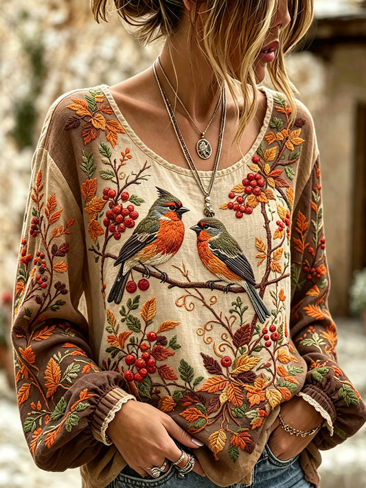 Women's autumn theme animal pattern printed casual cotton and linen shirt