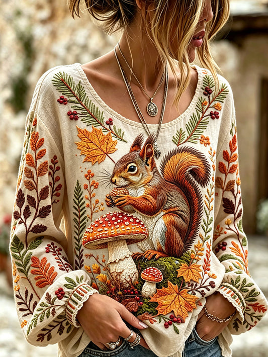 Women's autumn theme animal pattern printed casual cotton and linen shirt