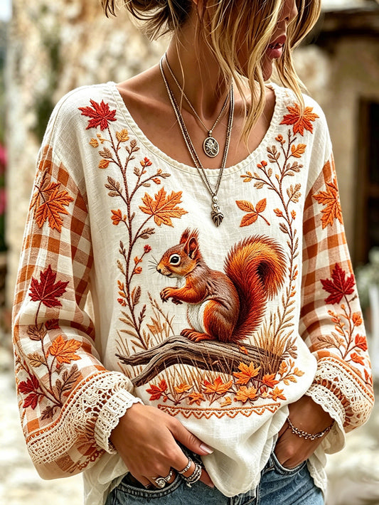 Women's autumn theme animal pattern printed casual cotton and linen shirt