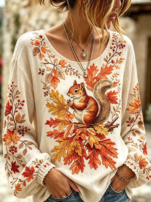Women's autumn theme animal pattern printed casual cotton and linen shirt
