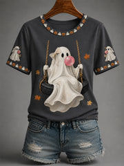 Women’s Fall Halloween Cute Bubble Gum Ghost on Swing Print Casual Tee