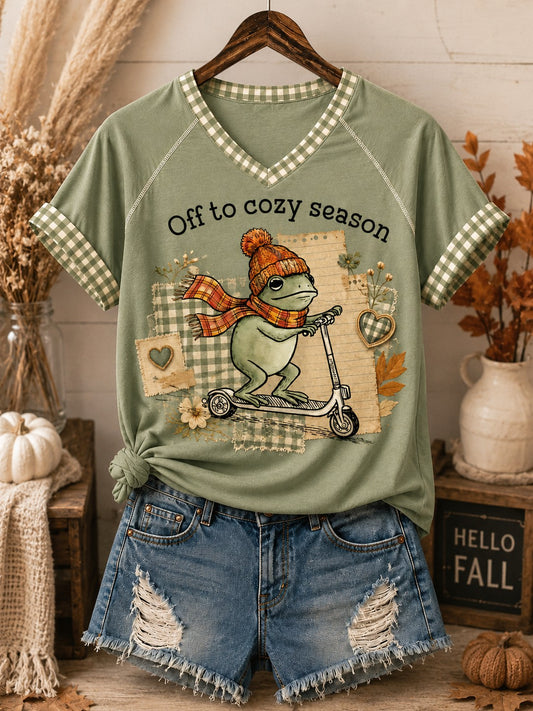 Women's Off To Cozy Season Printed V-neck Off-shoulder T-shirt