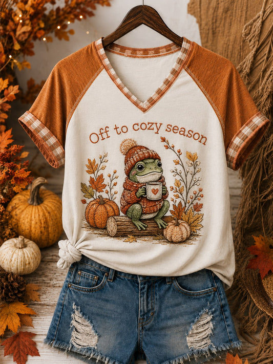Women's Off To Cozy Season Printed V-neck Off-shoulder T-shirt