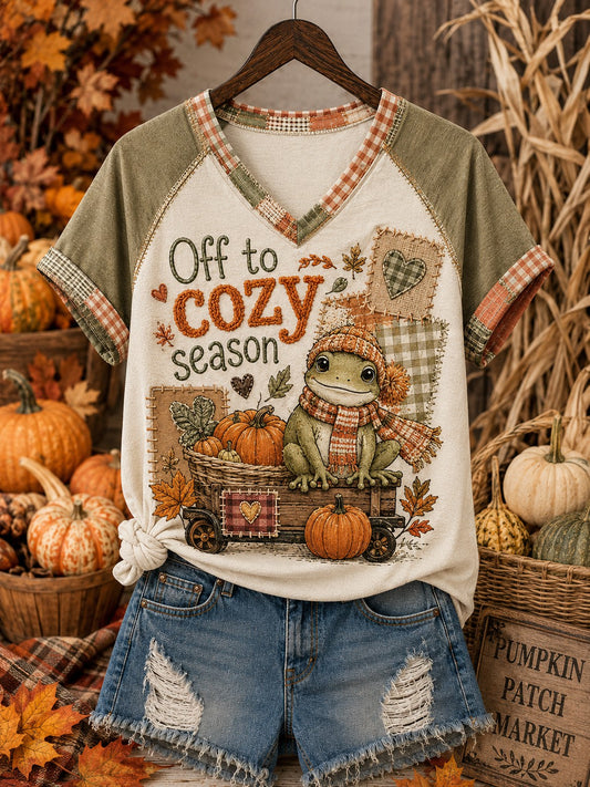 Women's Off To Cozy Season Printed V-neck Off-shoulder T-shirt