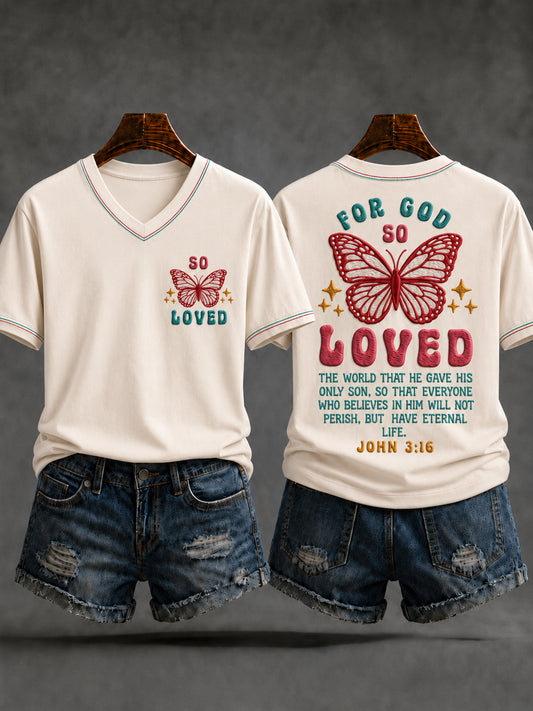 Women's Christian John 3:16 For God So Loved The World Cross Short Sleeve V-neck T-shirt