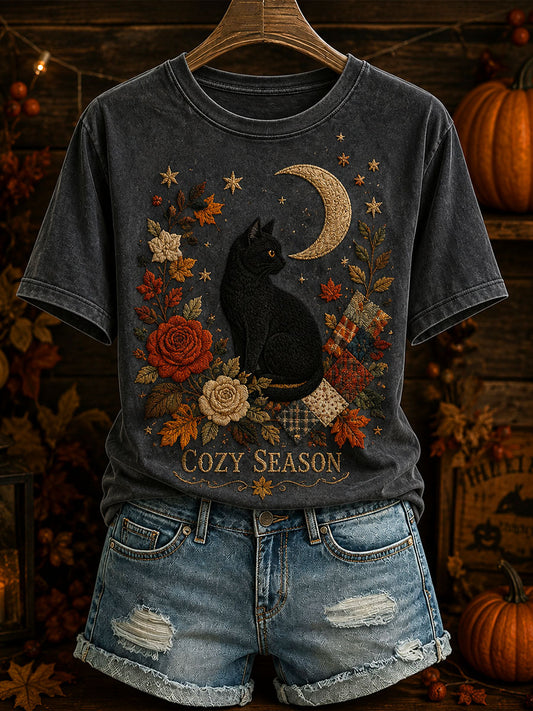 Women's Vintage Cute Cat Fall Season T-shirt