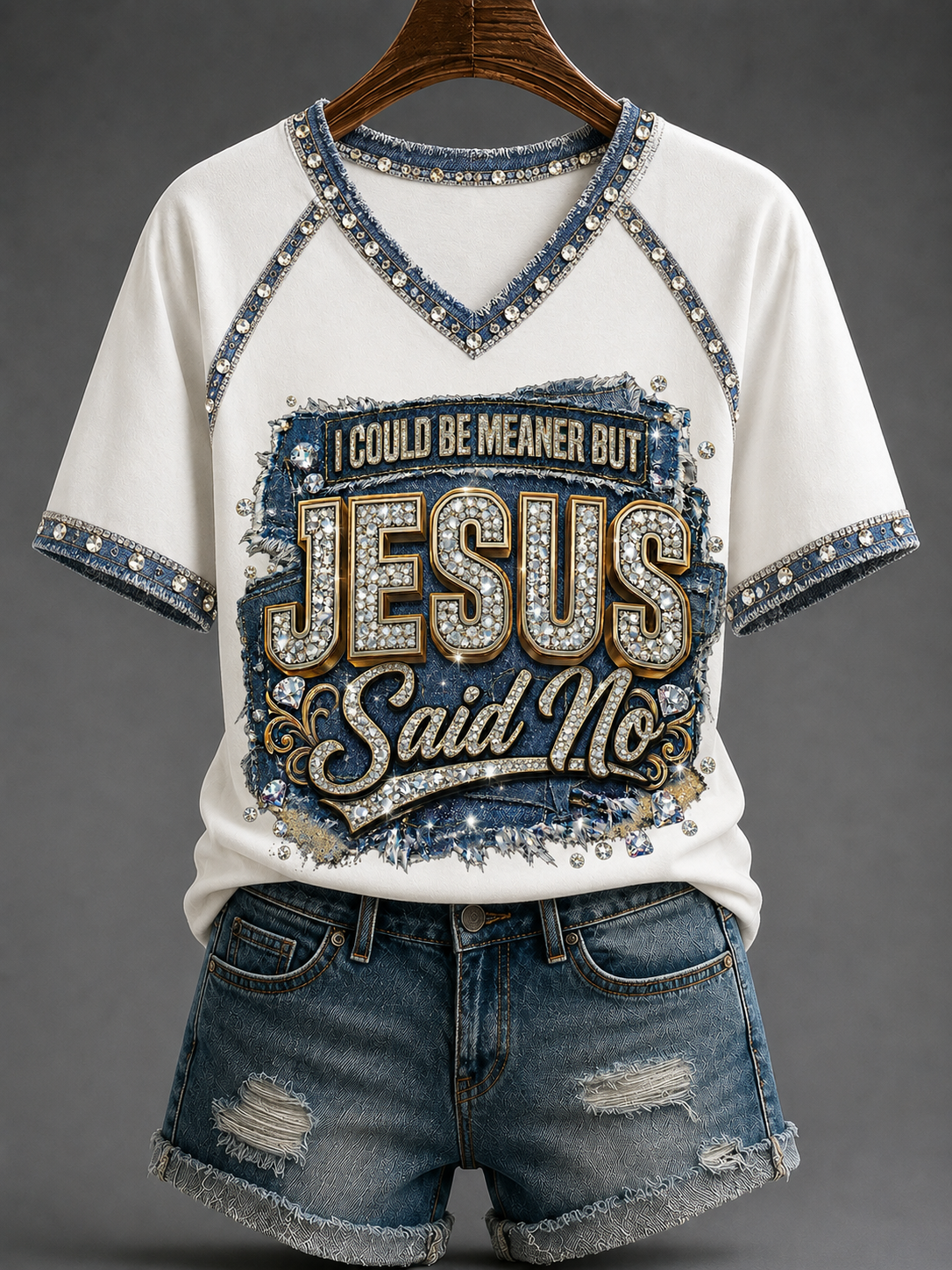 Women's I Could Be Meaner But Jesus Said No V-neck Off-shoulder Short-sleeved T-shirt