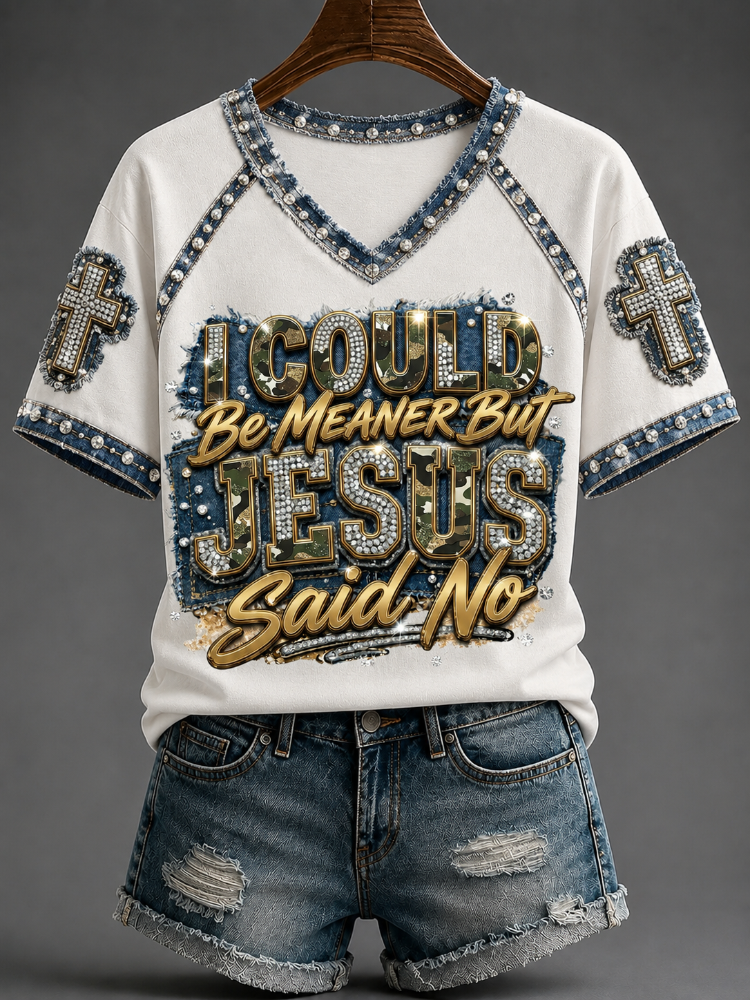 Women's I Could Be Meaner But Jesus Said No V-neck Off-shoulder Short-sleeved T-shirt