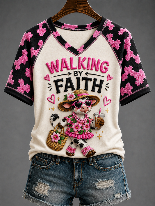 Women's Walking By Faith V-neck Off-shoulder Short-sleeved T-shirt