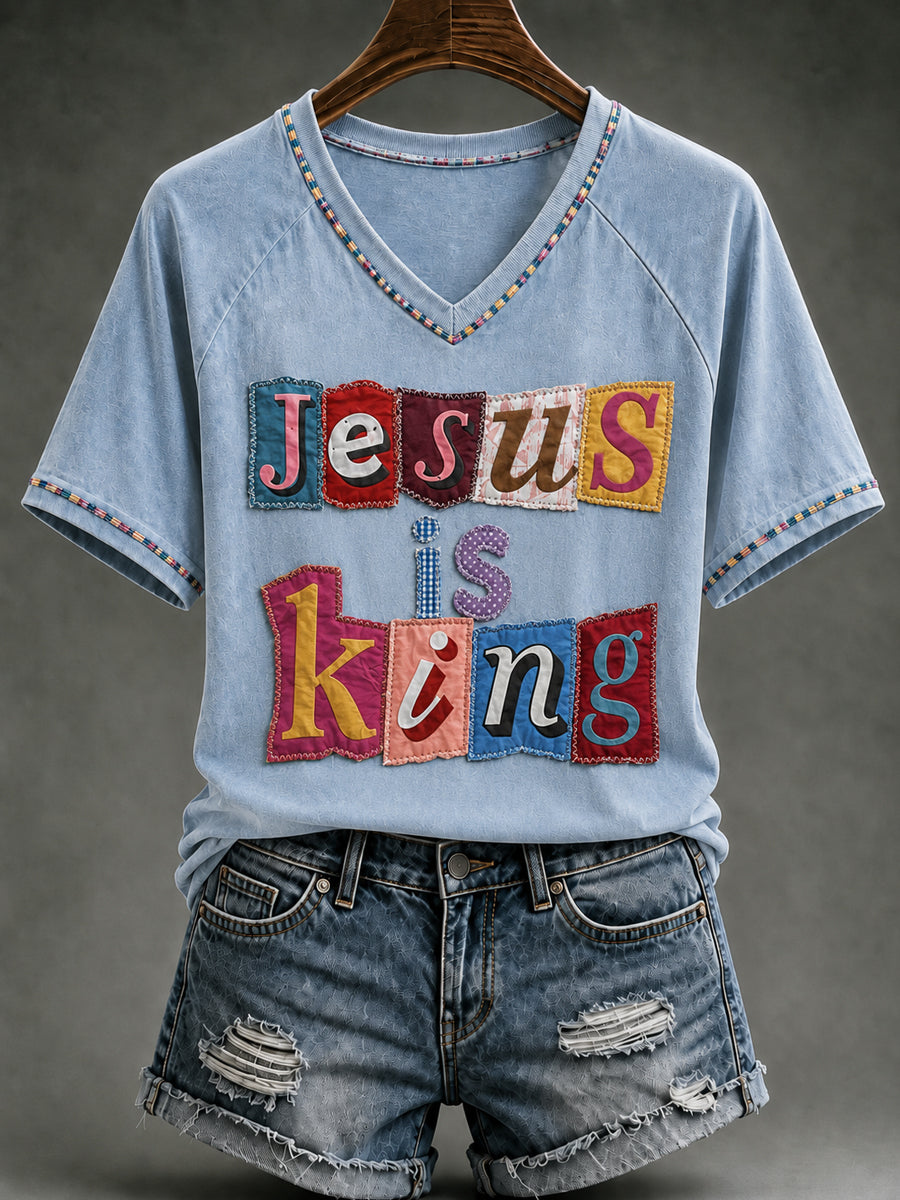 Women's Christian Jesus Is King V-neck Short Sleeve T-shirt