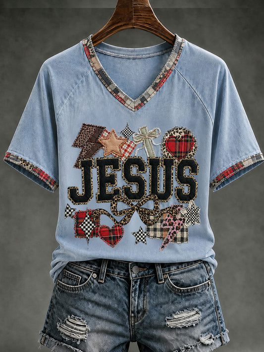 Women's Christian Jesus Cross V-neck Short Sleeve T-shirt