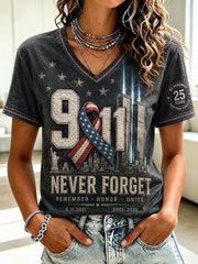 Women's 9.11 Never Forget Printed V-neck T-shirt