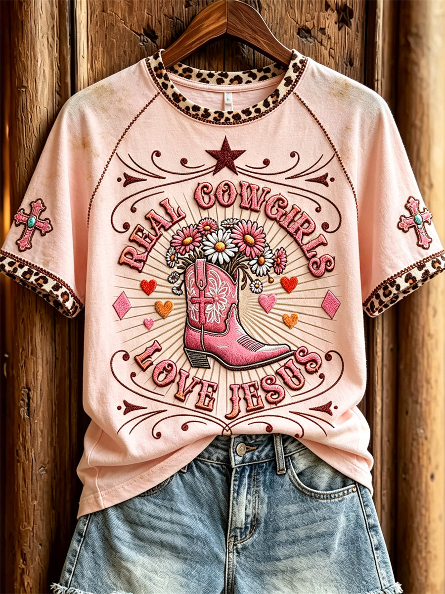Women's Real Cowgirls Love Jesus Western Boots & Cross Print short sleeve T-shirt