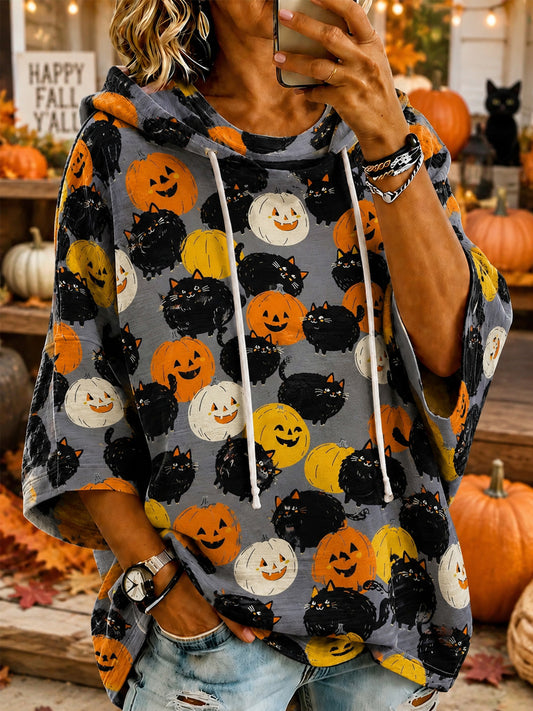 Women's Cute Fall Pumpkin Black Cats Print Casual Half-Sleeve Hoodie