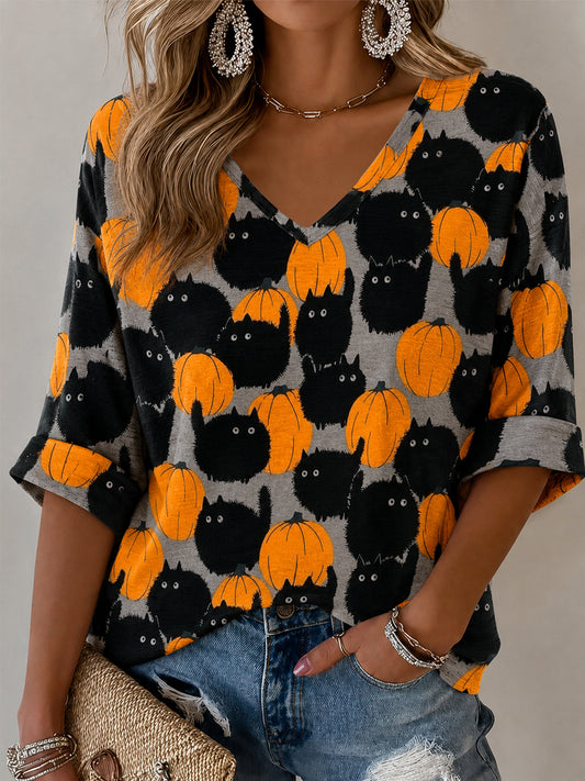 Women's Cute Fall Pumpkin Black Cats Print Half-Sleeve V-Neck T-Shirt