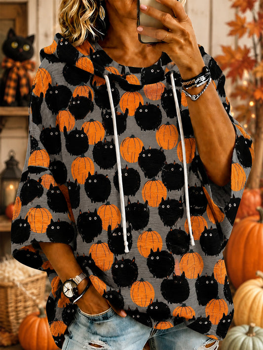 Women's Cute Fall Pumpkin Black Cats Print Casual Half-Sleeve Hoodie