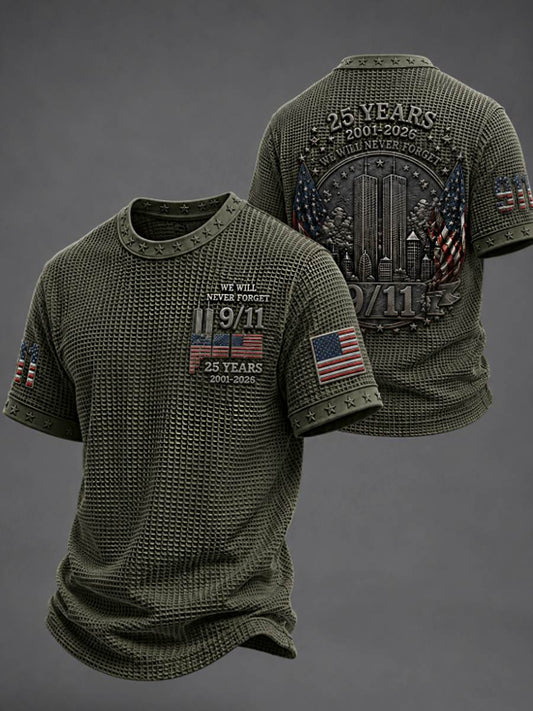 Men's WE WILL NEVER FORGET 9/11 25 YEARS 2001-2026 Waffle  Tee