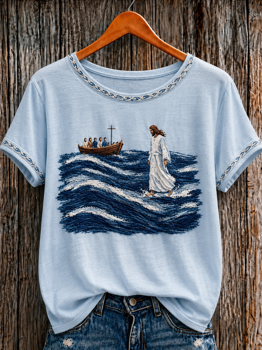Women's Christian Jesus Walking on Water  O-neck Short Sleeve T-shirt