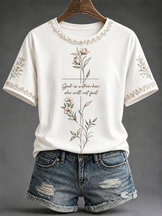 Women's"God Is Within Her, She Will Not Fail"Christian Faith Floral Print Casual T-Shirt
