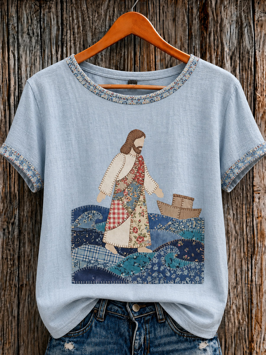 Women's Christian Jesus Walking on Water  O-neck Short Sleeve T-shirt