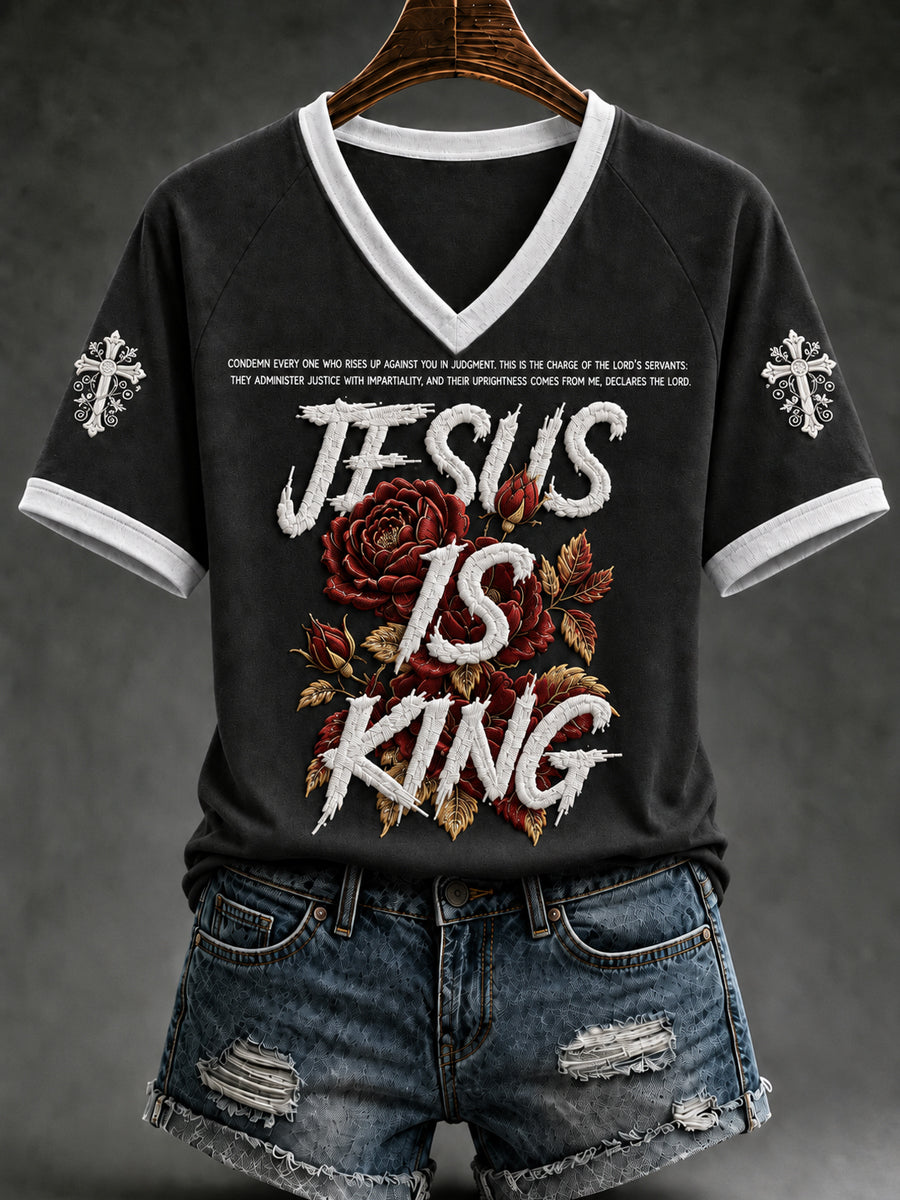 Women's Christian Jesus Is King V-neck Short Sleeve T-shirt