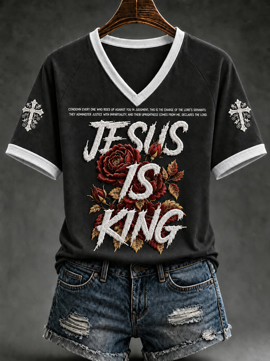 Women's Christian Jesus Is King V-neck Short Sleeve T-shirt