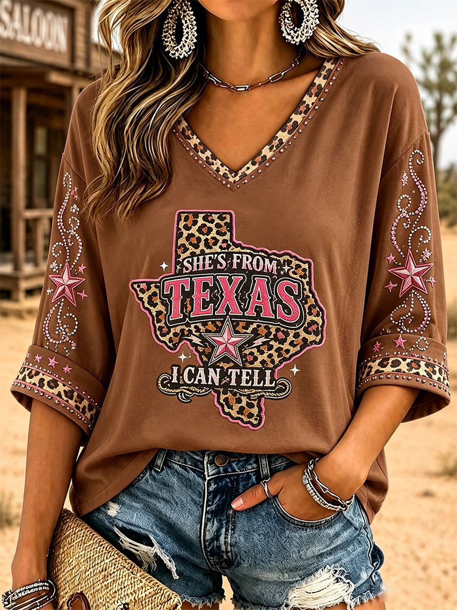 Women's She's From Texas I Can Tell Print Casual V-Neck Tee