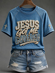 Women's Jesus Got Me Covered Christian Faith Print Round Neck Short Sleeve T-shirt