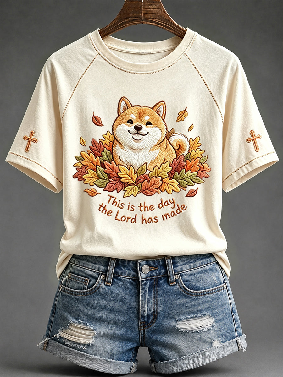 Women's This Is The Day The Lord Has Made Fall Shiba Inu Print T-shirt