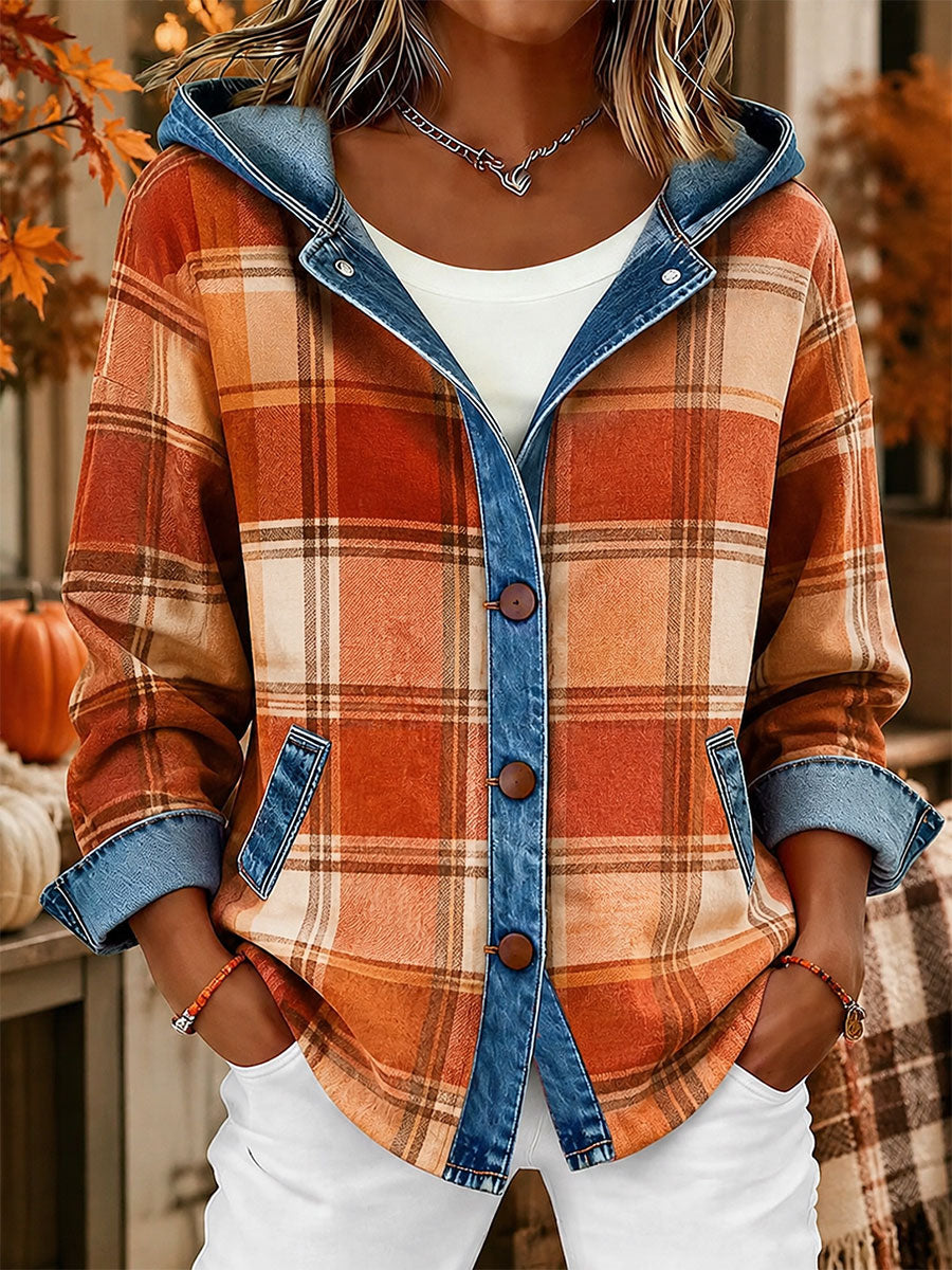 Women's Fall Plaid Print Denim Patchwork Hooded Cardigan