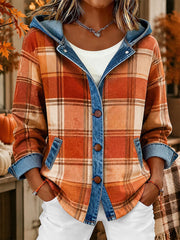 Women's Fall Plaid Print Denim Patchwork Hooded Cardigan
