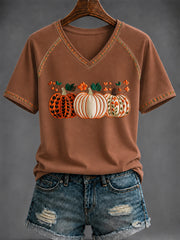 Women's Autumn Art Printed V-neck T-shirt