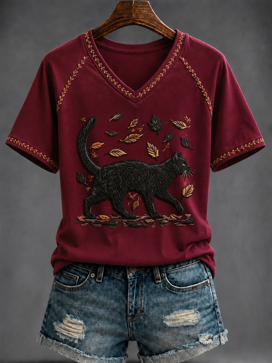 Women's Autumn Art Printed V-neck T-shirt