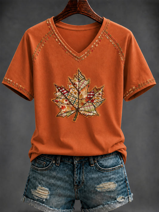 Women's Autumn Art Printed V-neck T-shirt