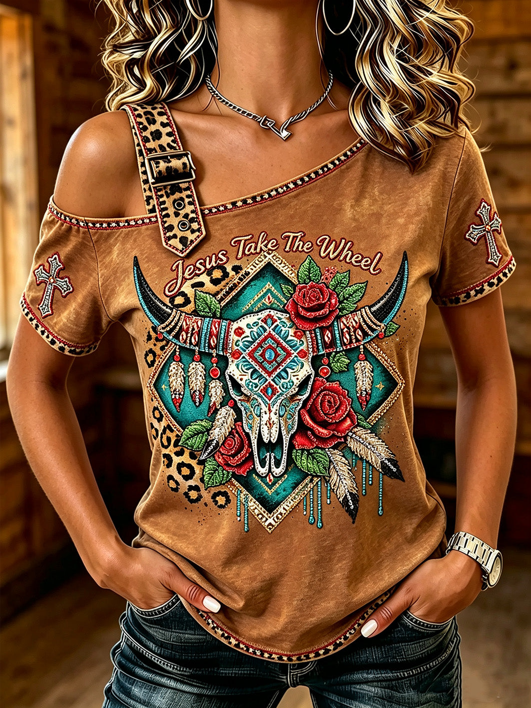 Women's  Western Wind Element Pattern Printed Casual Off-the-Shoulder Short-Sleeve T-Shirt