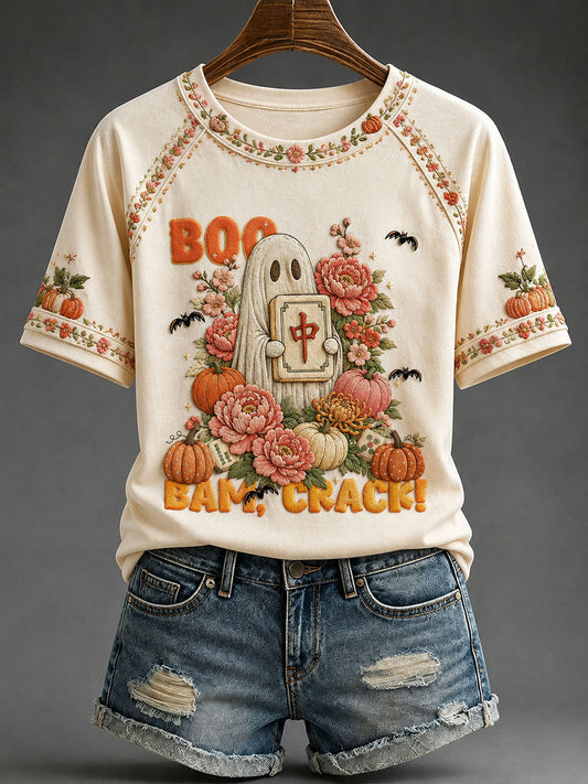 Women's Halloween Mahjong Night Printed Casual T-Shirt